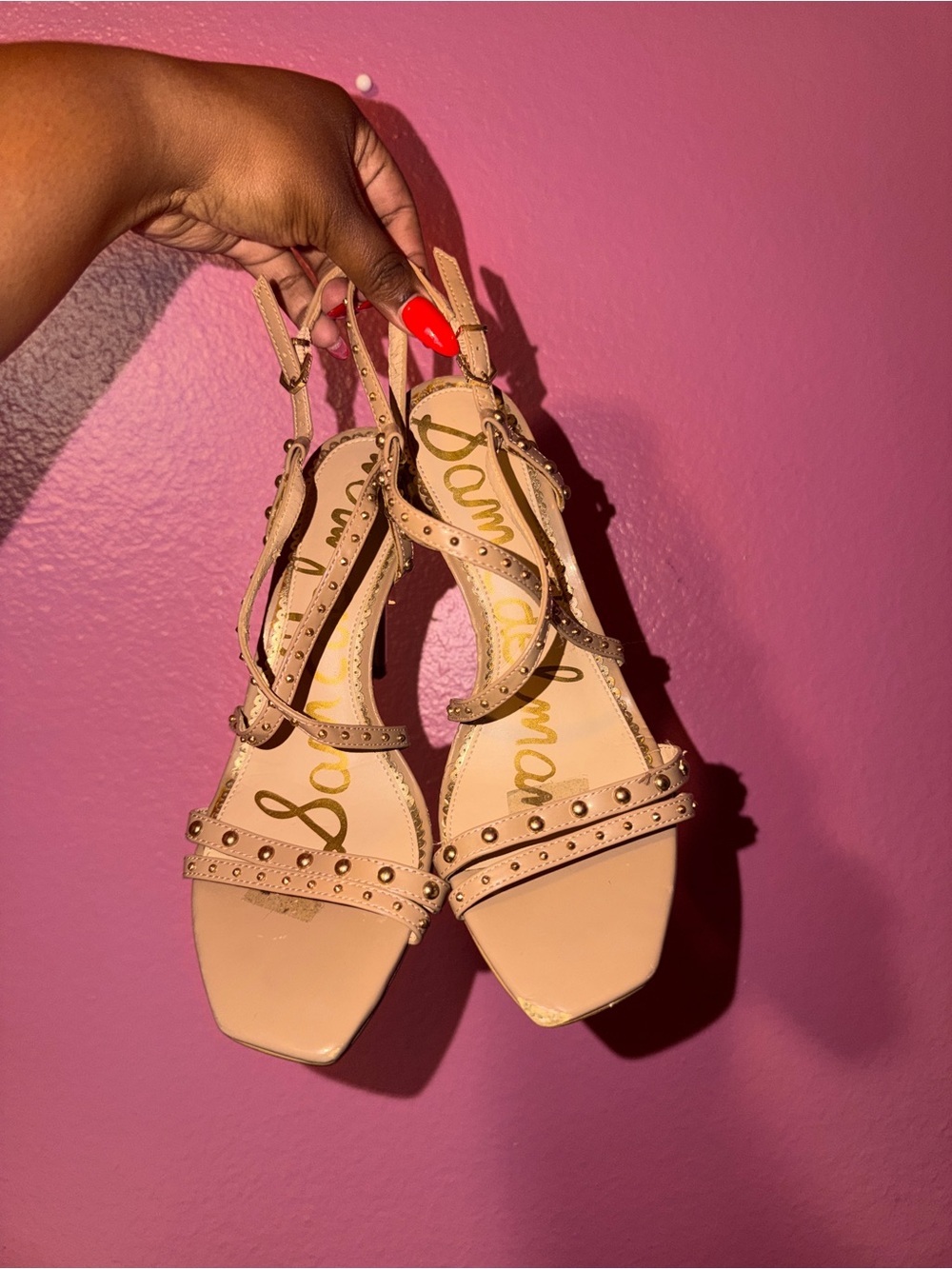 Sam Edelman Beige Studded T-Strap Heels
